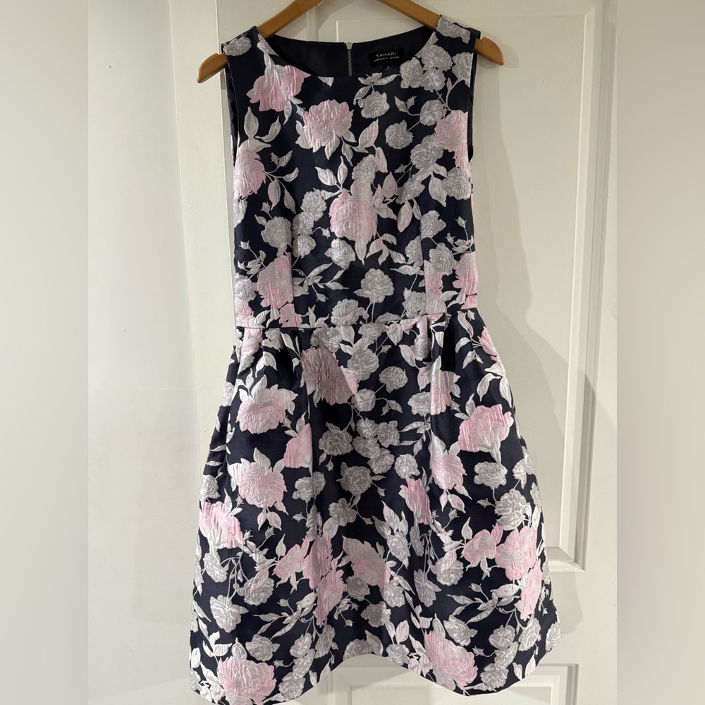 TAHARI ASL Floral Shimmery Sleeveless Women’s Midi Dress - Pink, Navy and Silver